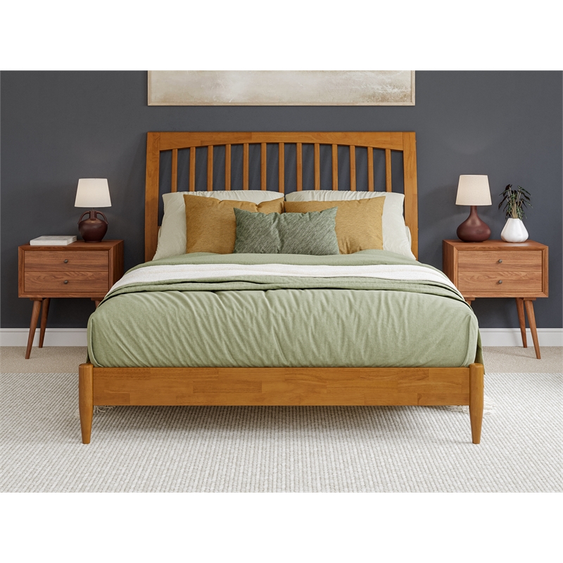 Pemberly Row Solid Wood Low Profile Sleigh Queen Platform Bed in Light Toffee