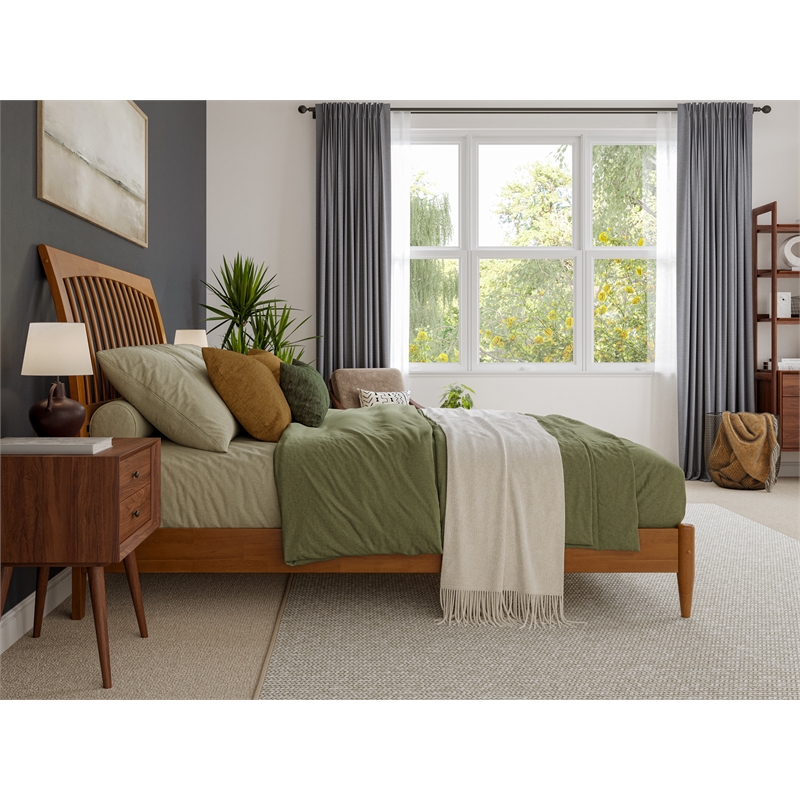 Pemberly Row Solid Wood Low Profile Sleigh Queen Platform Bed in Light Toffee