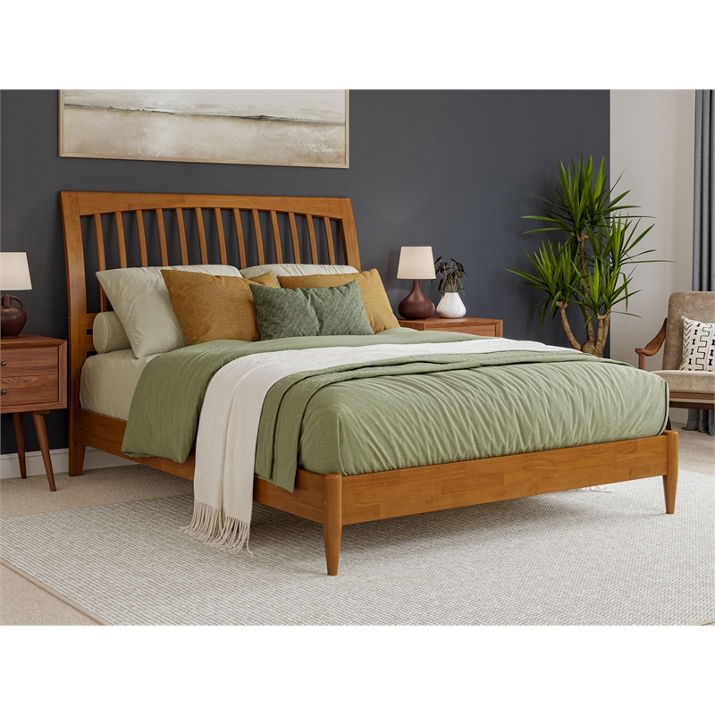 Pemberly Row Solid Wood Low Profile Sleigh Queen Platform Bed in Light Toffee