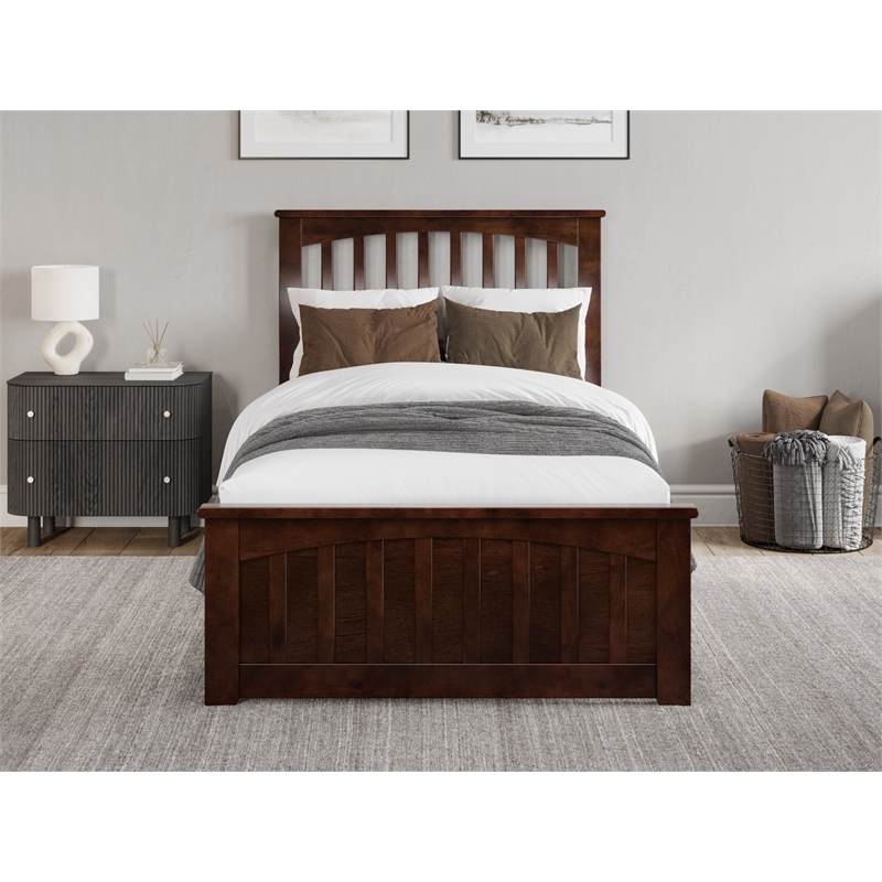 Pemberly Row Twin XL Low Profile Platform Bed with Matching Footboard - Walnut