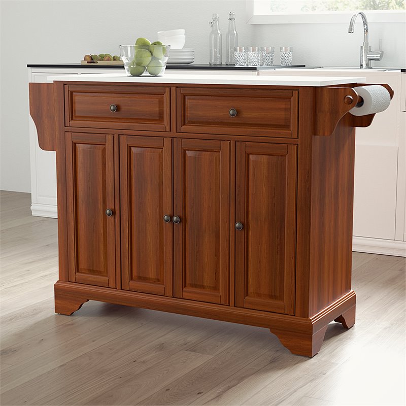 Pemberly Row Modern Wood Granite Top Kitchen Island in Cherry