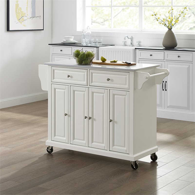 Pemberly Row Modern MDF Wood Granite Top Kitchen Cart in White