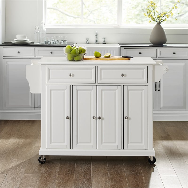 Pemberly Row Modern MDF Wood Granite Top Kitchen Cart in White