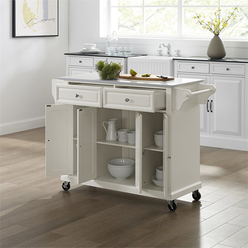 Pemberly Row Modern MDF Wood Granite Top Kitchen Cart in White