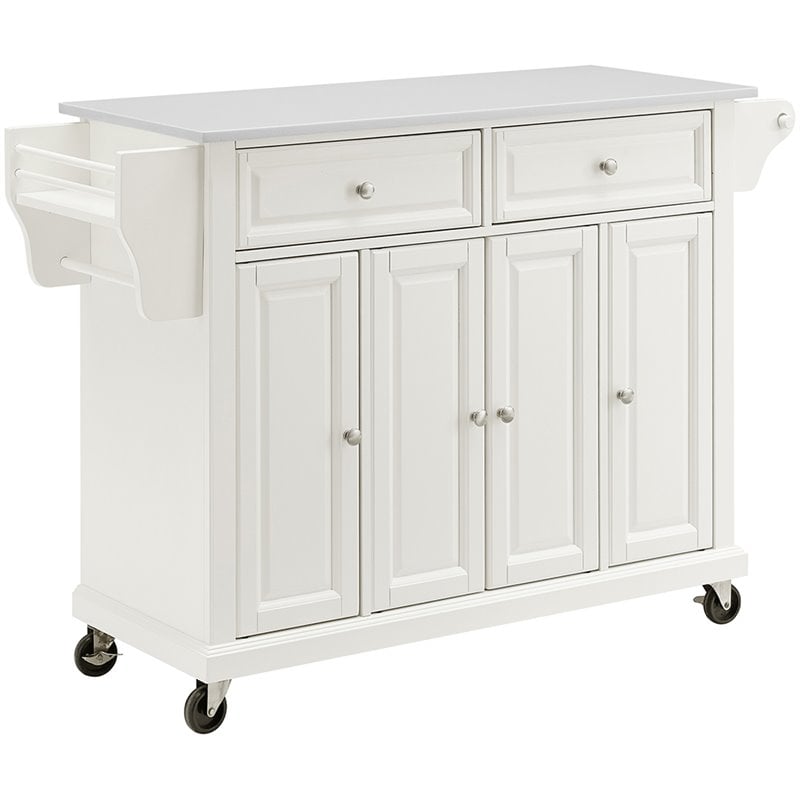 Pemberly Row Modern MDF Wood Granite Top Kitchen Cart in White