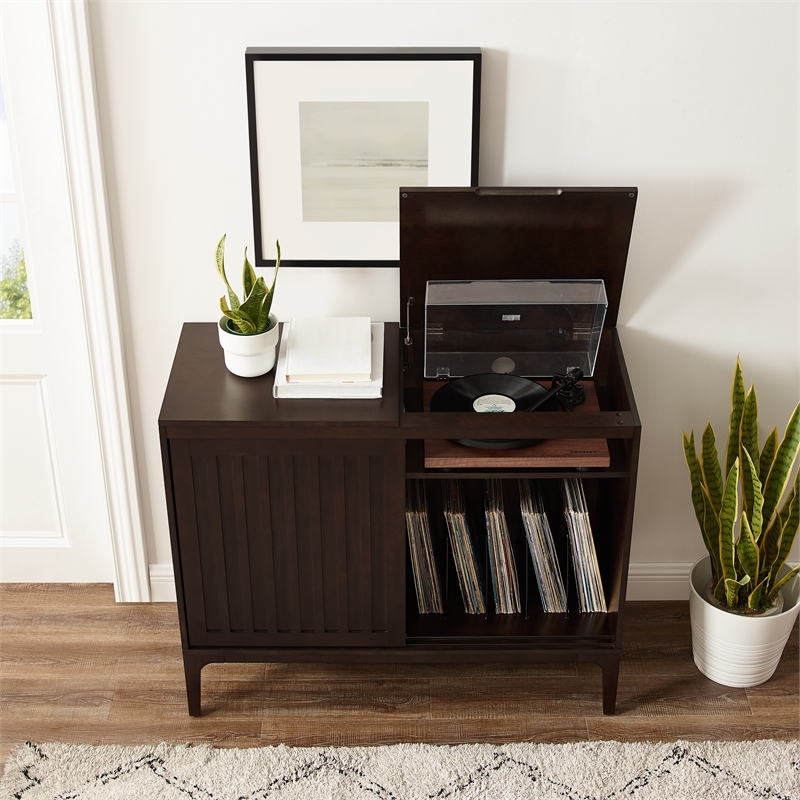 Pemberly Row Modern Wood Record Storage Media Console - Dark Brown