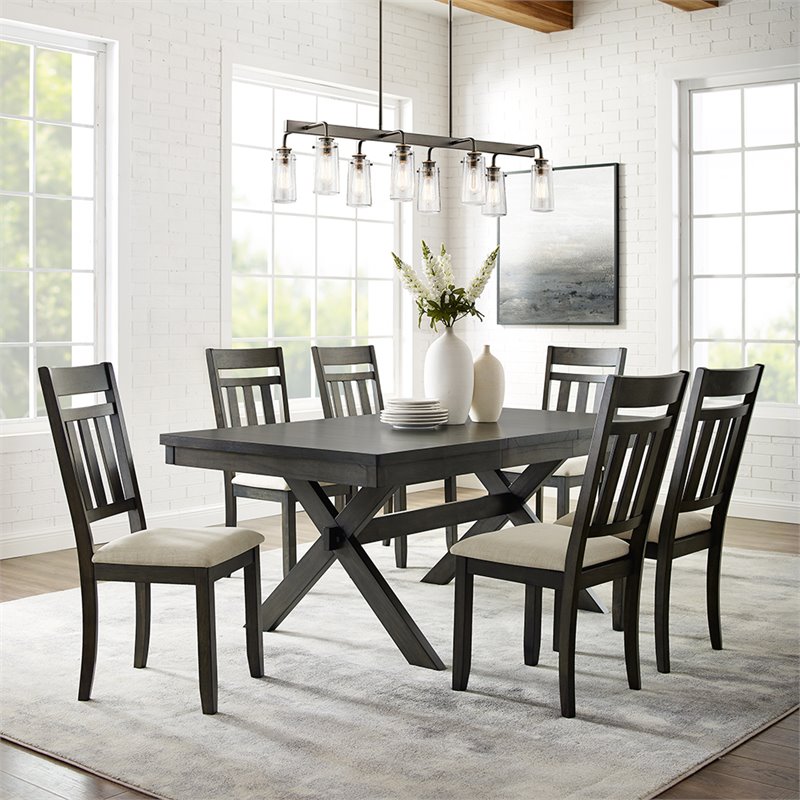 Pemberly Row Wood 7 Piece Butterfly Leaf Trestle Dining Set in Slate