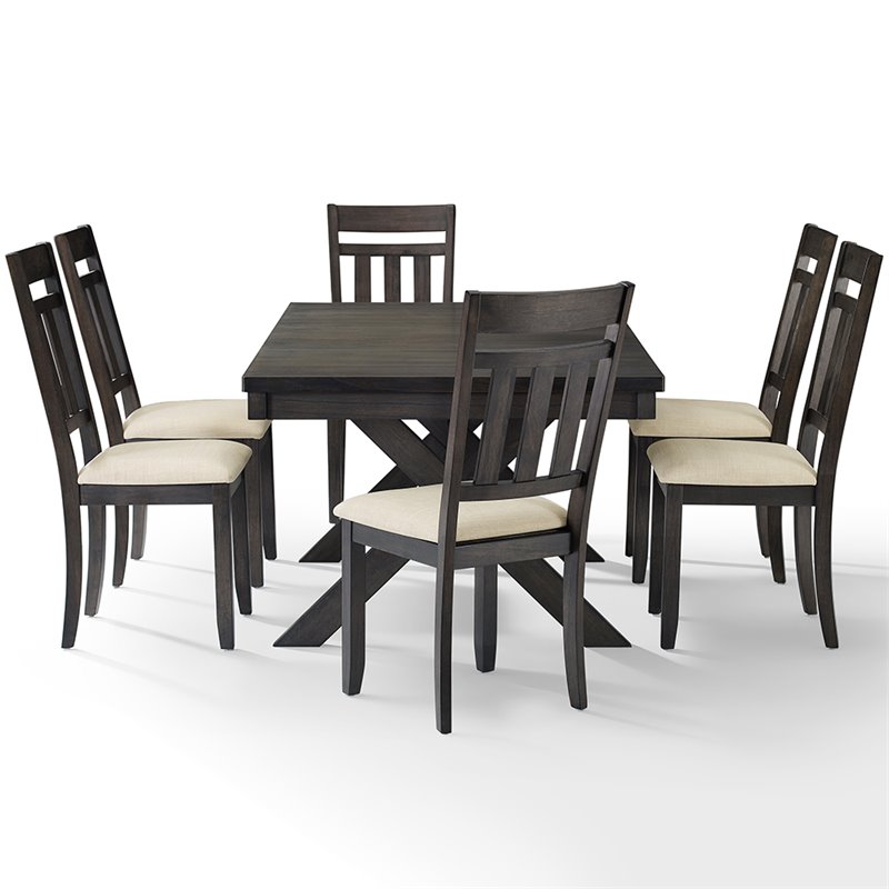 Pemberly Row Wood 7 Piece Butterfly Leaf Trestle Dining Set in Slate