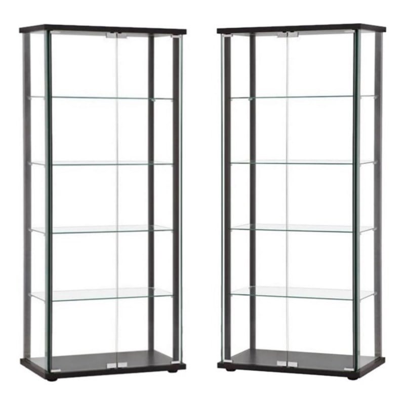Pemberly Row Contemporary Wood 2 Piece 5 Shelf Glass Curio Cabinet Set in Black