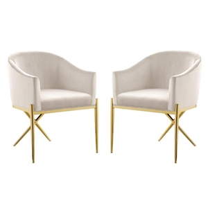 Pemberly Row 2 Piece Velvet Dining Chair Set with Gold Metal Base in Cream