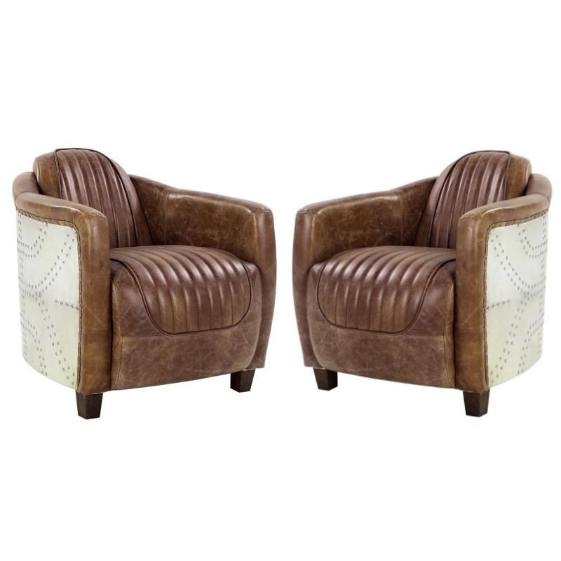 Pemberly Row 2 Piece Top Grain Leather and Aluminum Chair Set in Retro Brown