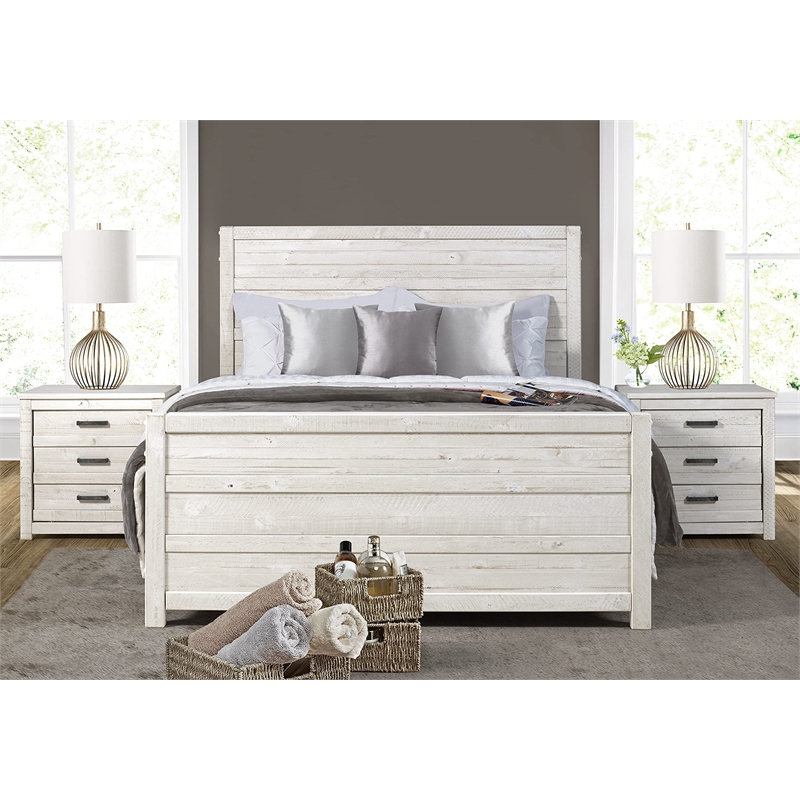 Pemberly Row Contemporary Solid Wood Queen Bed in Antique White