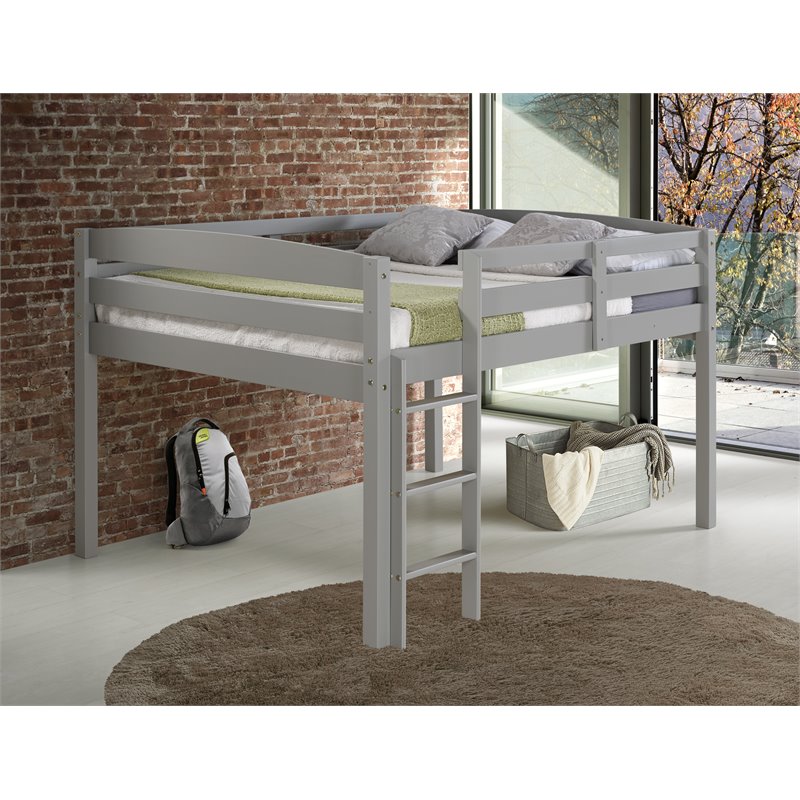 Pemberly Row Contemporary Solid Wood Low Loft Bed Frame Full in Gray