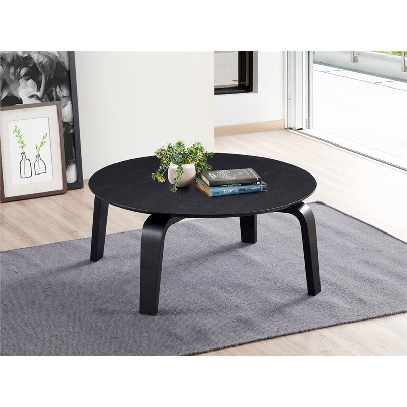 Pemberly Row Round Shape Mid-Century Wood Coffee Table in Black