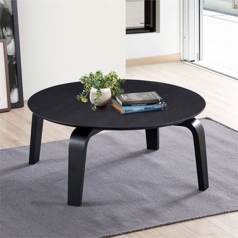 Pemberly Row Round Shape Mid-Century Wood Coffee Table in Black