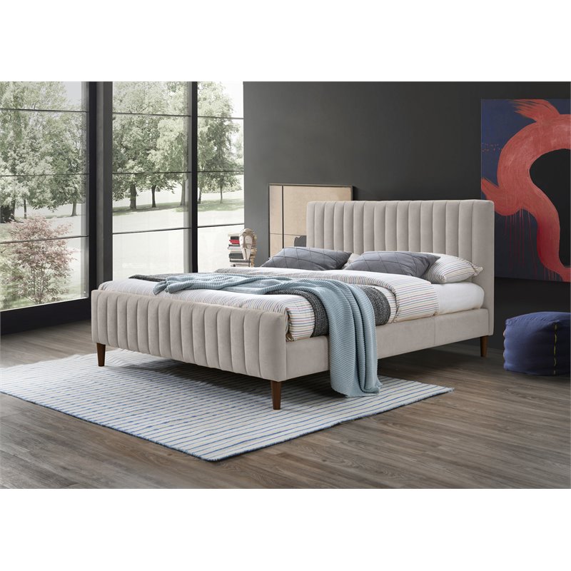 Pemberly Row Wood/Fabric Upholstered Queen Platform Bed in Taupe Gray
