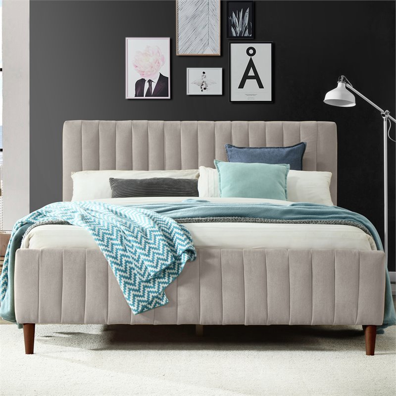 Pemberly Row Wood/Fabric Upholstered Queen Platform Bed in Taupe Gray