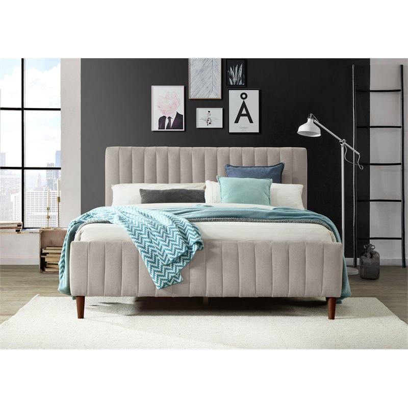 Pemberly Row Wood/Fabric Upholstered Queen Platform Bed in Taupe Gray