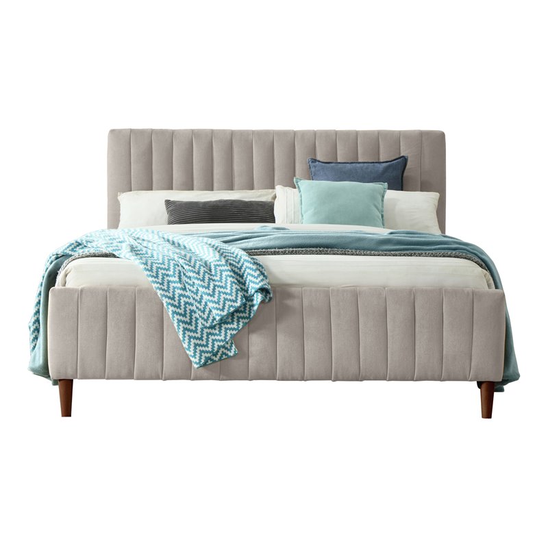 Pemberly Row Wood/Fabric Upholstered Queen Platform Bed in Taupe Gray