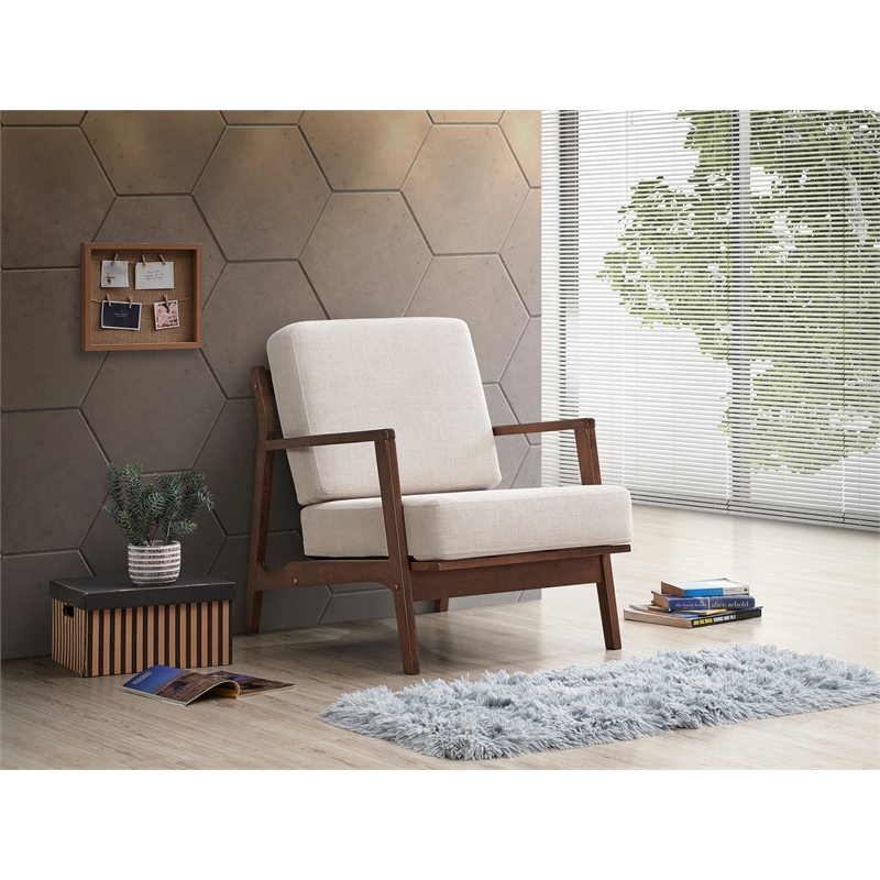 Pemberly Row Solid Wood and Fabric Upholstered Accent Armchair in Beige