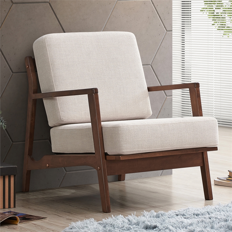 Pemberly Row Solid Wood and Fabric Upholstered Accent Armchair in Beige