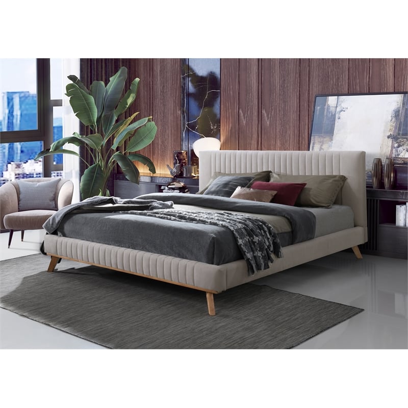 Pemberly Row Wood and Fabric Upholstered King Platform Bed in Taupe Gray