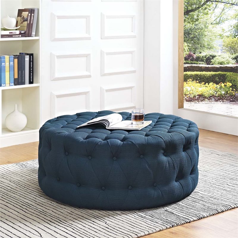 Pemberly Row Modern Upholstered Fabric and Solid Wood Ottoman in Azure