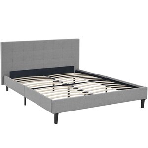 Pemberly Row Queen Modern Polyester Fabric and Wood Bed in Light Gray