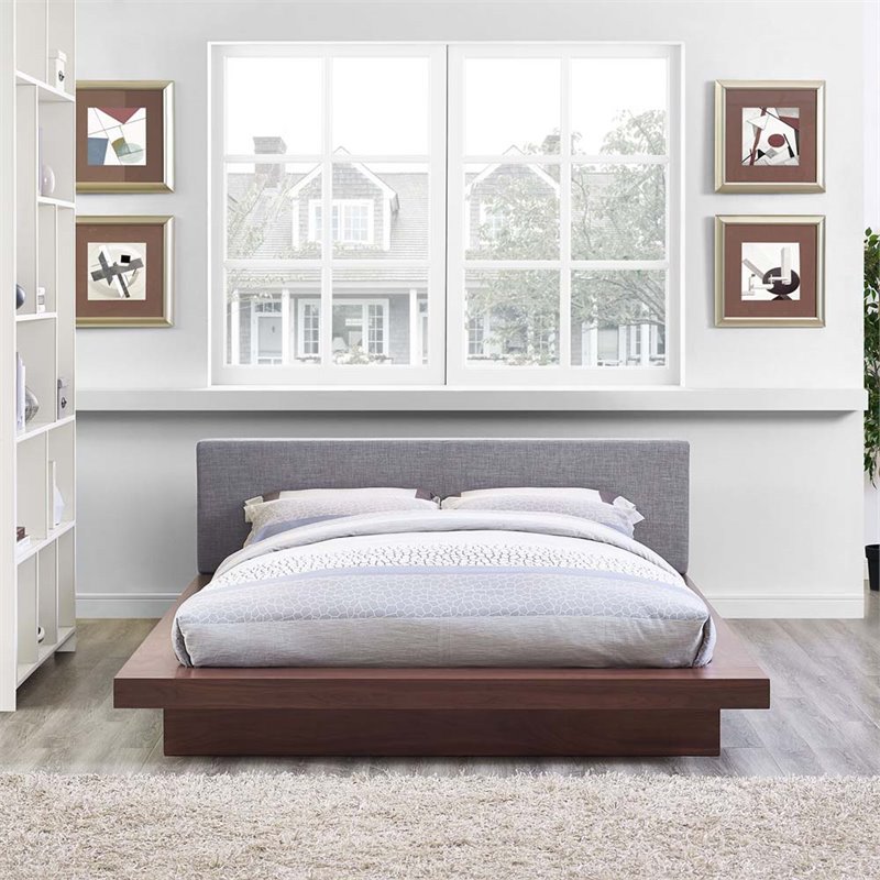 Pemberly Row Queen Wood Polyester Fabric Platform Bed in Walnut/Gray