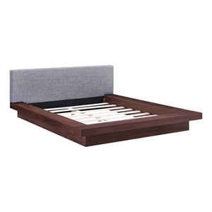 Pemberly Row Queen Wood Polyester Fabric Platform Bed in Walnut/Gray