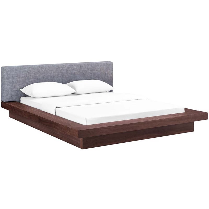 Pemberly Row Queen Wood Polyester Fabric Platform Bed in Walnut/Gray