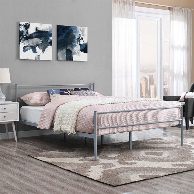 Pemberly Row Powder Coated Sturdy Steel Full Platform Bed Frame in Gray