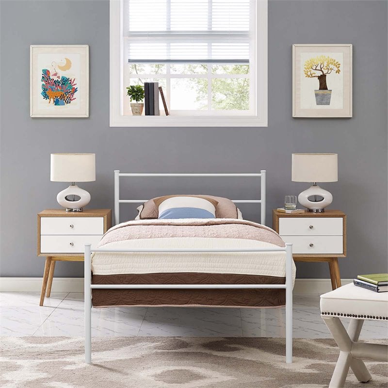 Pemberly Row Powder Coated Sturdy Steel Twin Platform Bed Frame in White