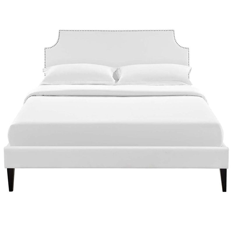 Pemberly Row Vinyl Queen Platform Bed with Squared Tapered Legs in White