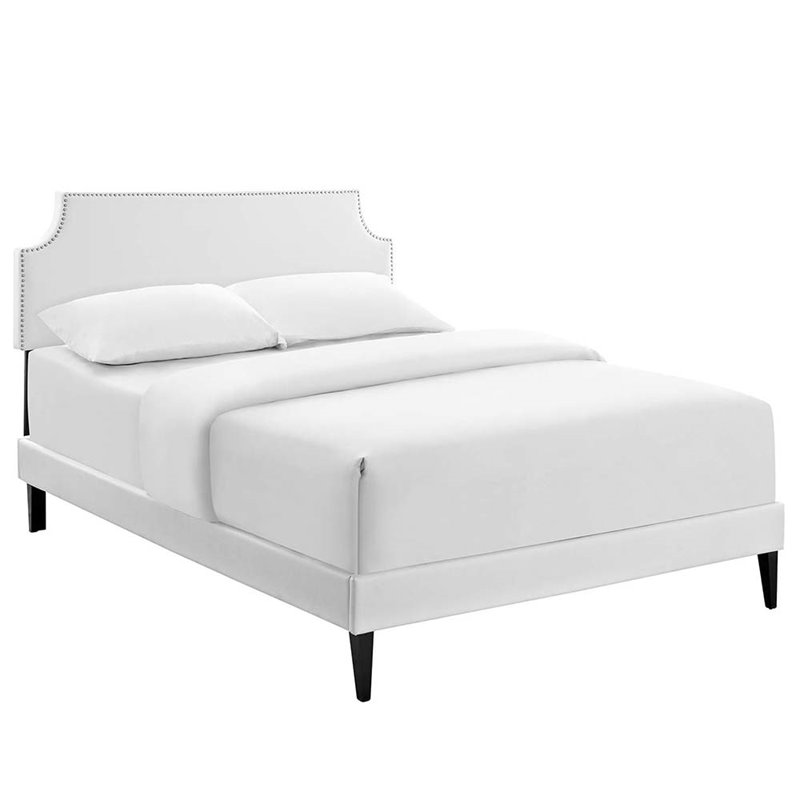 Pemberly Row Vinyl Queen Platform Bed with Squared Tapered Legs in White