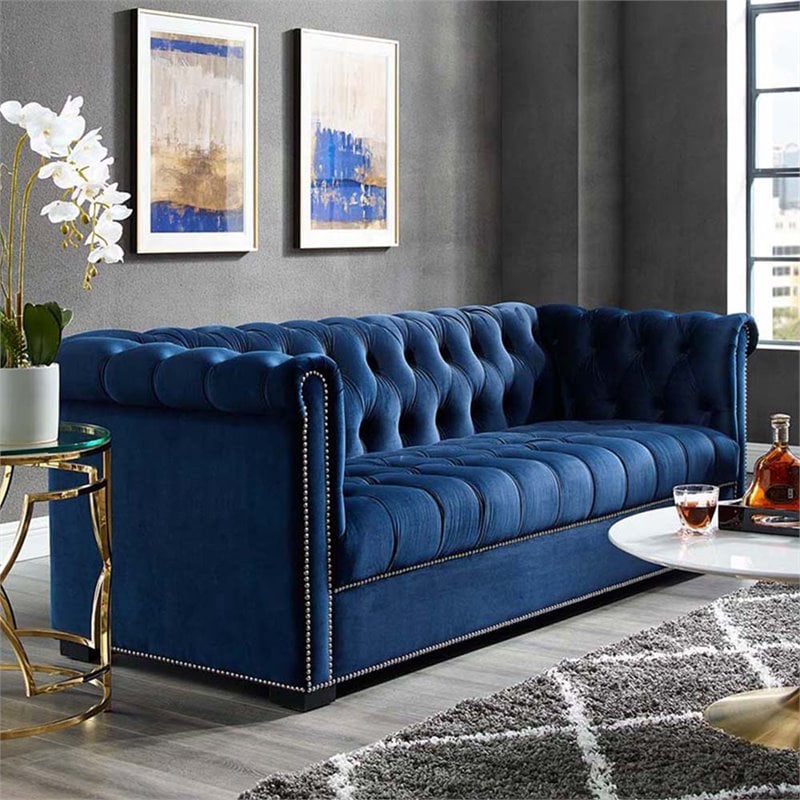Pemberly Row Tufted Performance Velvet Sofa in Midnight Blue & Black