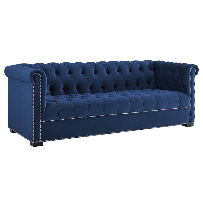 Pemberly Row Tufted Performance Velvet Sofa in Midnight Blue & Black
