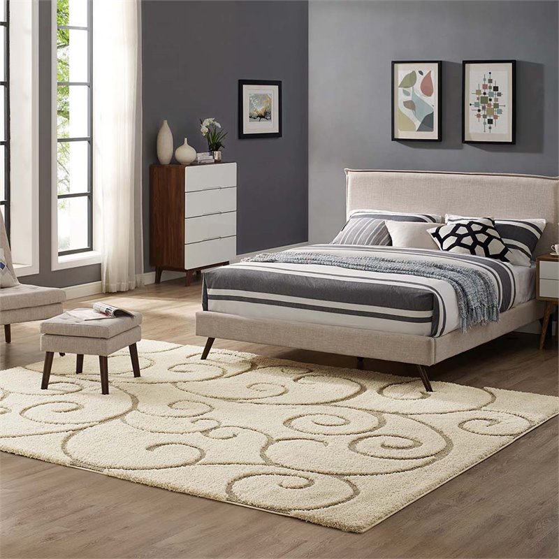 Pemberly Row 5' x 8' Scrolling Vine Shag Area Rug in Cream and Beige