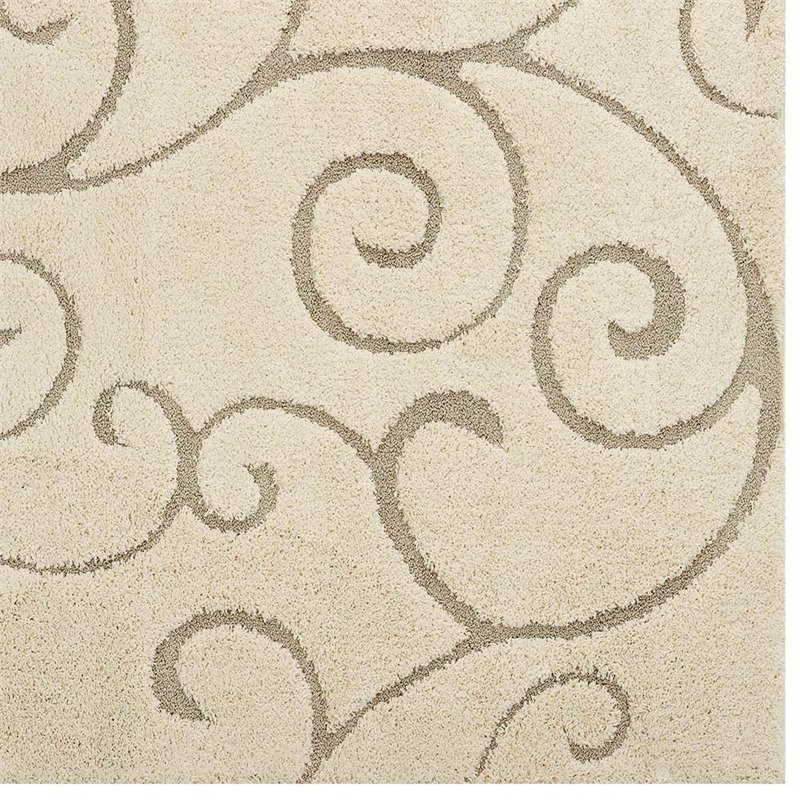 Pemberly Row 5' x 8' Scrolling Vine Shag Area Rug in Cream and Beige