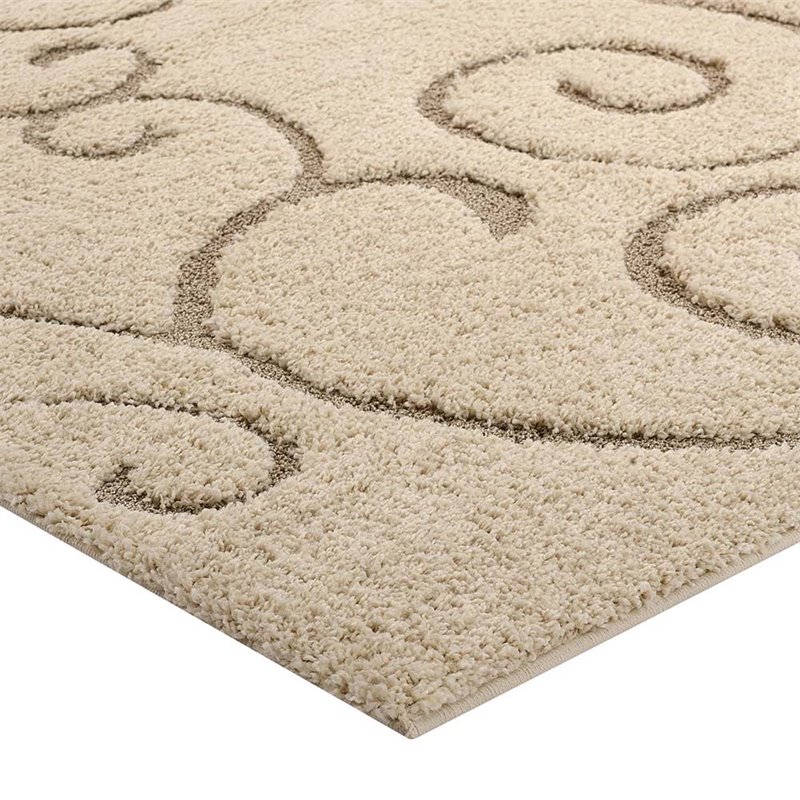 Pemberly Row 5' x 8' Scrolling Vine Shag Area Rug in Cream and Beige