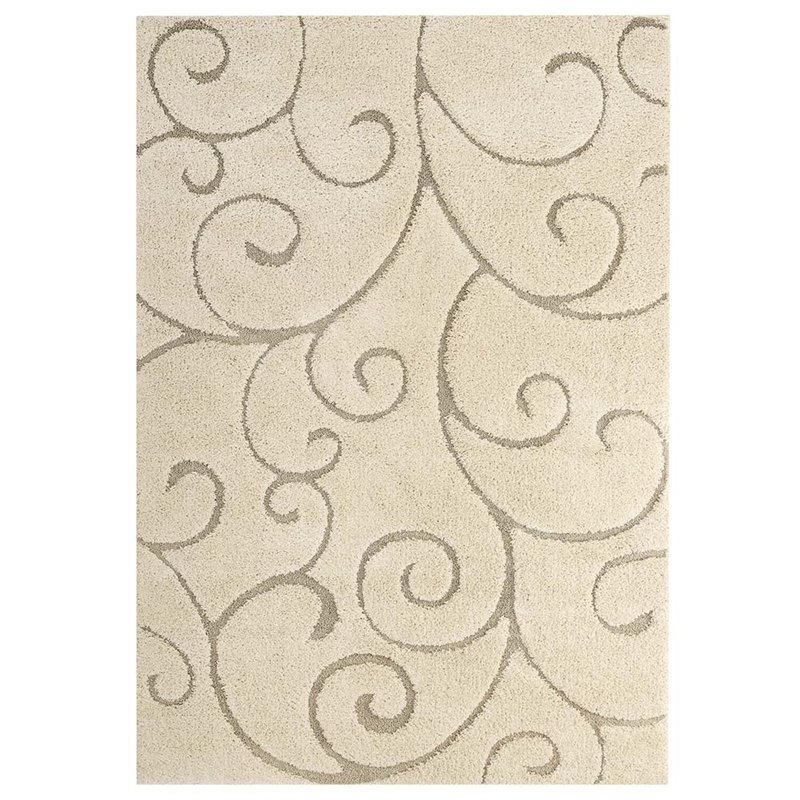 Pemberly Row 5' x 8' Scrolling Vine Shag Area Rug in Cream and Beige