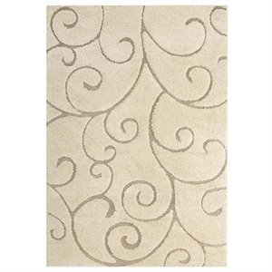 Pemberly Row 5' x 8' Scrolling Vine Shag Area Rug in Cream and Beige