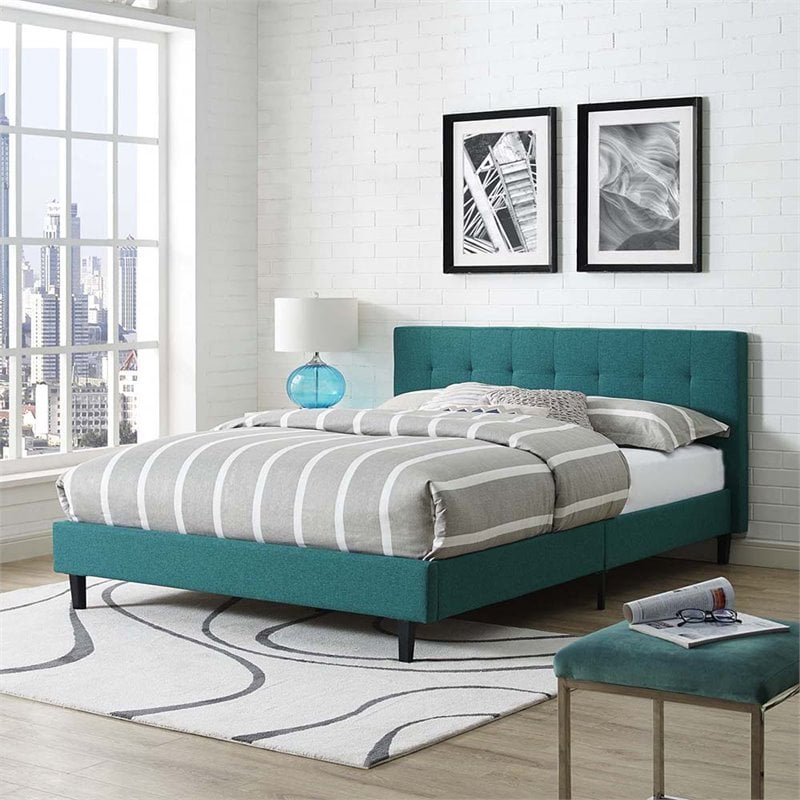 Pemberly Row Queen Modern Polyester Fabric and Wood Bed in Teal Blue