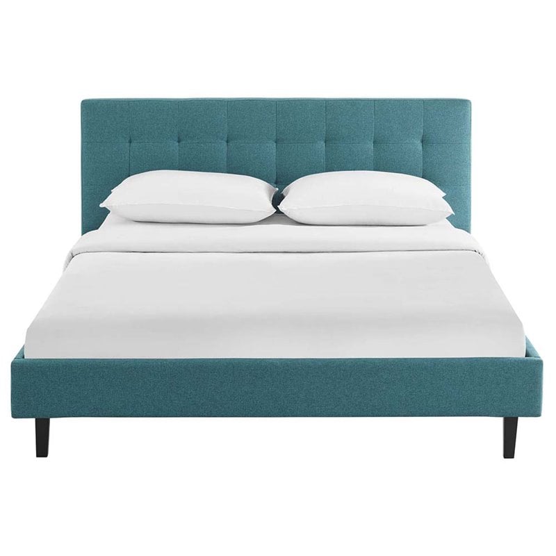 Pemberly Row Queen Modern Polyester Fabric and Wood Bed in Teal Blue