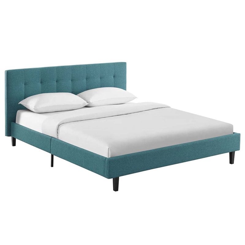 Pemberly Row Queen Modern Polyester Fabric and Wood Bed in Teal Blue