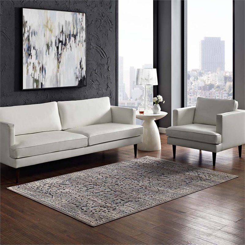 Pemberly Row Contemporary 5' x 8' Turkish Area Rug in Blue and Cream