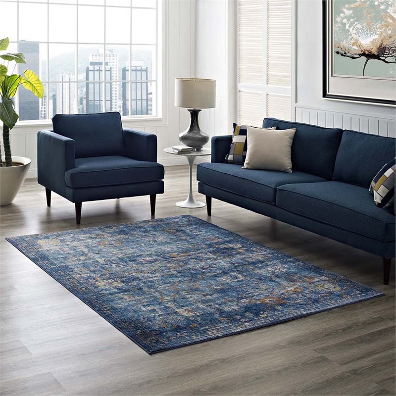 Pemberly Row 5' x 8' Floral Lattice Area Rug in Dark Blue and Yellow