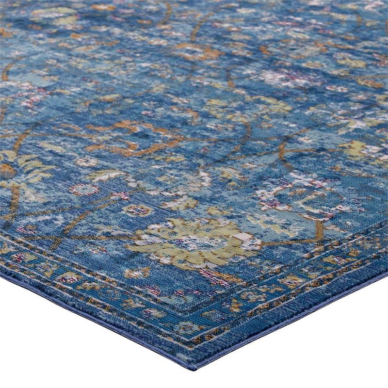 Pemberly Row 5' x 8' Floral Lattice Area Rug in Dark Blue and Yellow