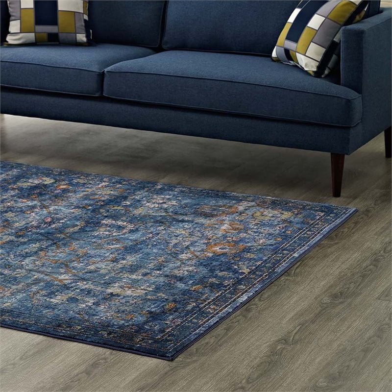 Pemberly Row 5' x 8' Floral Lattice Area Rug in Dark Blue and Yellow