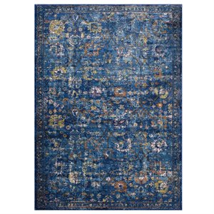 Pemberly Row 5' x 8' Floral Lattice Area Rug in Dark Blue and Yellow